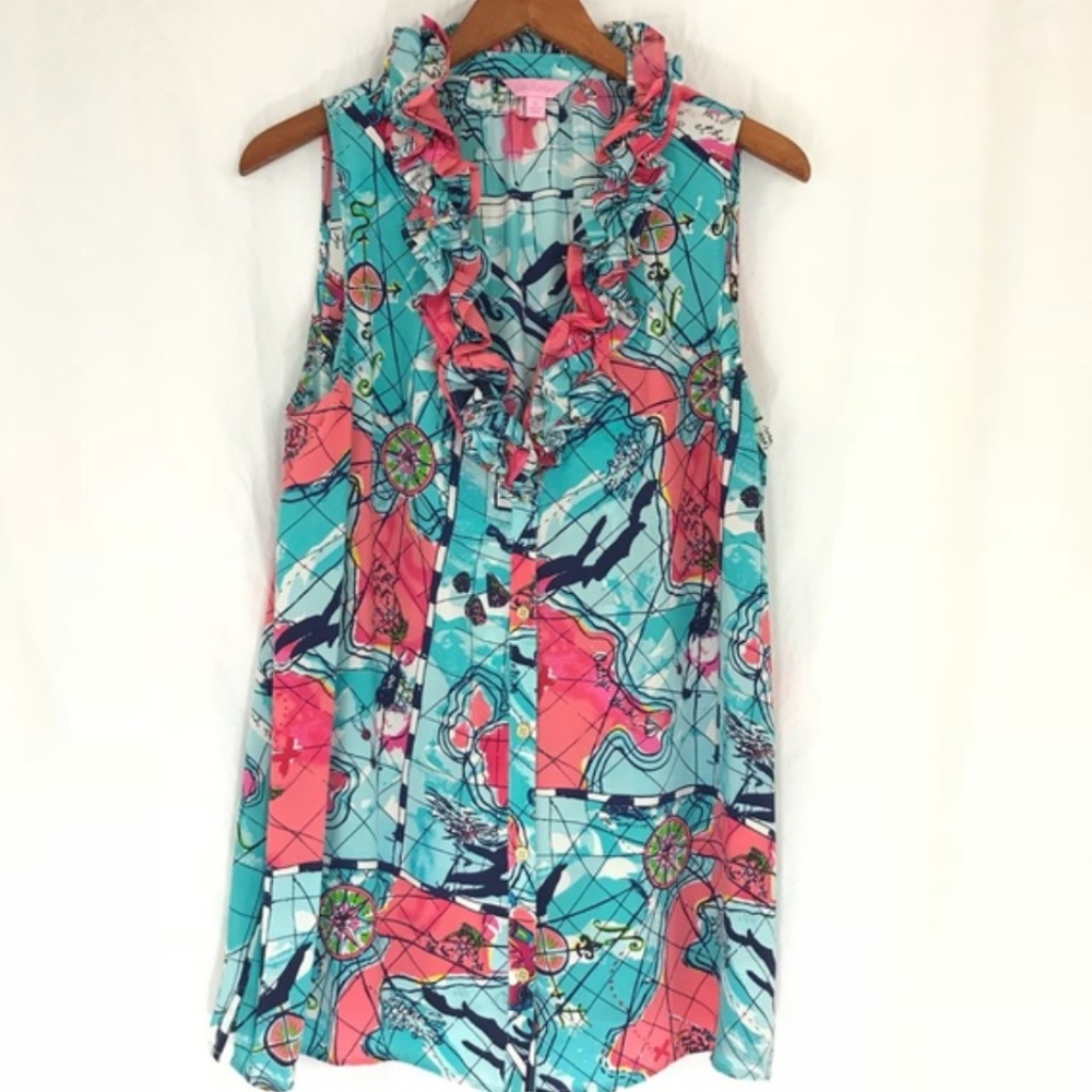 Lilly Pulitzer Ruffled Pattern Sleeveless Silk Top
